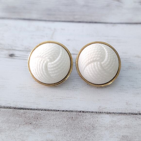 Vintage Monet Clip On Earrings Domed White with Gold Tone Statement - Picture 1 of 5